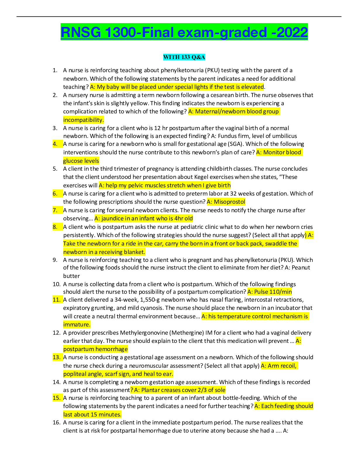 Preview image of RNSG 1300-Final exam-graded -2022 document